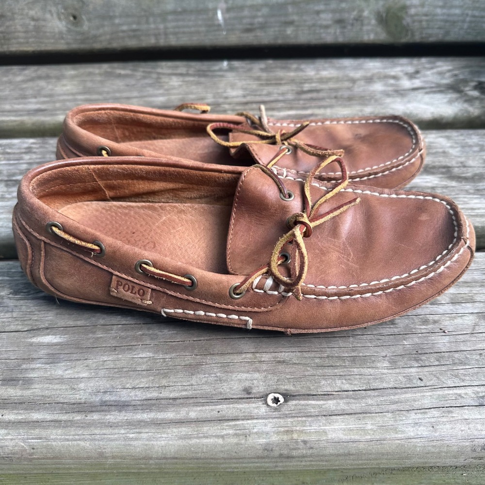 Polo Ralph Lauren Wyndings Tan Leather Driving Loafers Mens Sz 7 Brown Moc Toe - Picture 10 of 10